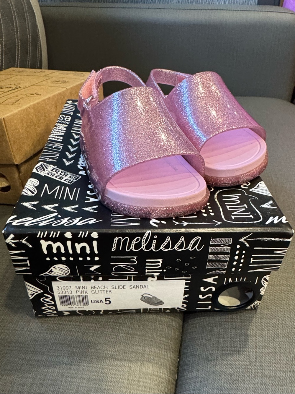 Mini Melissa Kids Pink Glitter Slide Sandals